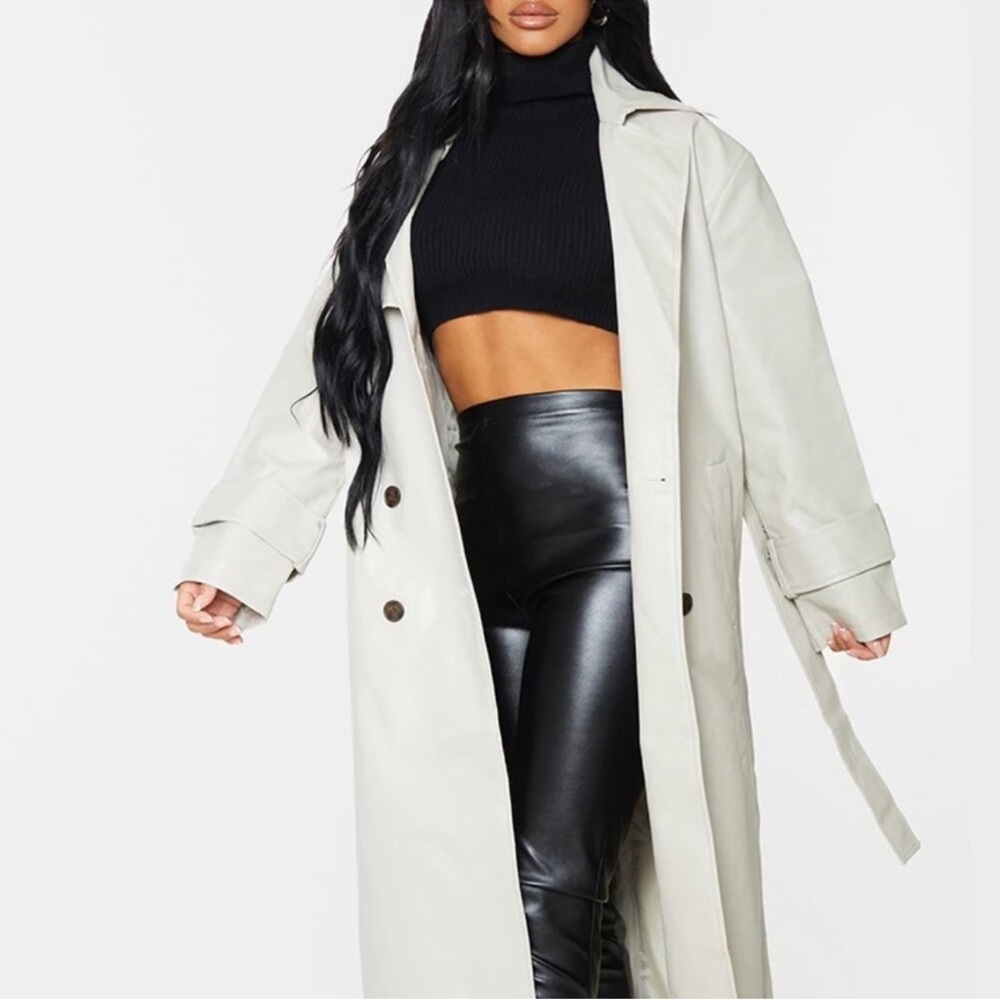 Gray leather trench coat